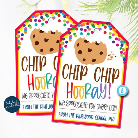 🐣. Offer Xtras! Cookie Thank You Gift Tags, Appreciation Week Teacher Staff Nurse, Chip Chip Hooray Thanks for All You Do Each Day, DIY Editable Template for $7.25 Teacher Happies, Staff Treats, Yea Party, Chip Chip Hooray, Teacher Cookies, Cookie Tags, School Pto, Appreciation Thank You, Office Quotes