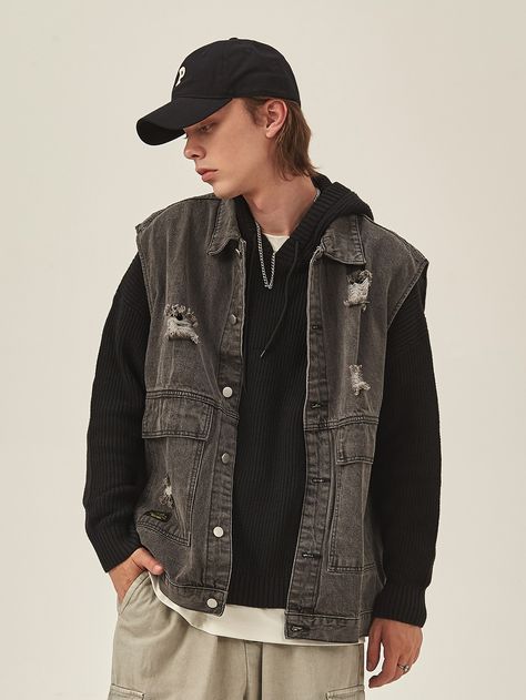 Dark Grey Casual  Sleeveless Denim Plain Other  Non-Stretch  Men Denim Vest Jacket Outfit Men, Denim Vest Outfit Men, Jean Jacket Vest Outfits, Sleeveless Denim Jacket Outfit, Timmy Burch, Sleeveless Jean Jacket Outfit, Sleeveless Hoodie Men, Sleeveless Jacket For Men, Denim Jacket Diy