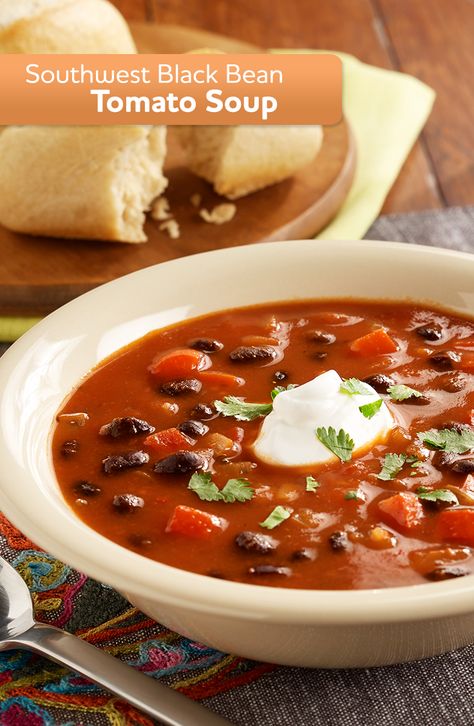 Our Southwest Black Bean Soup, made with diced tomatoes, beef broth and meatballs, is easy and delicious. Make it tonight! Easy Fall Soup Recipes, Bean Tomato Soup, Recipe With Black Beans, Ready Set Eat, Plant Based Soups, Daniel Fast Recipes, Tomato Soup Recipe, Chowder Soup, Fall Soup Recipes