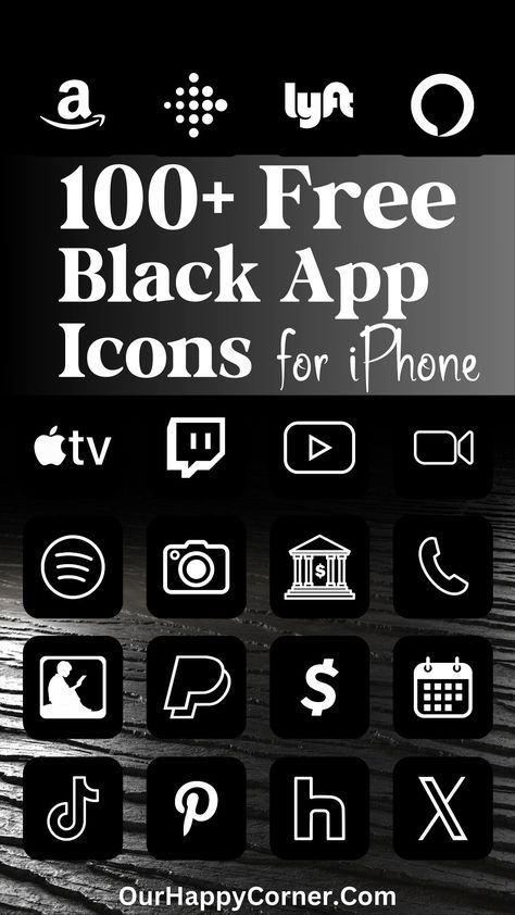 100 Free Black And White App Icons For Your iPhone - Our Happy Corner Black And White App Icons, Black App Icons, App Icons For Iphone, 100 Aesthetic, White App Icons, Icons For Iphone, Apple Photo, Find My Friends, Black App