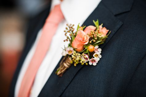 Rustic Coral Rose Boutonniere Coral Boutonniere, Boutonnière Ideas, Coral Wedding Ideas, Boutonnieres Wedding, Coral Wedding Themes, Pink Boutonniere, Navy Suits, Samantha Wedding, Rustic Boutonniere