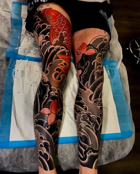 Japanese Ink on Instagram: “These are so cool! Powerful leg-sleeves by @mitchxlovetattoo. What do you think of these leg-sleeves? I’m a big fan! #irezumi…” Skulls Leg Sleeve Tattoo, Irezumi Leg Sleeve, Japanese Leg Sleeve, Yakuza Style Tattoo, Tattoo Lower Back, Japanese Leg Tattoo, Bodysuit Tattoos, Tato Dada, Japanese Legs