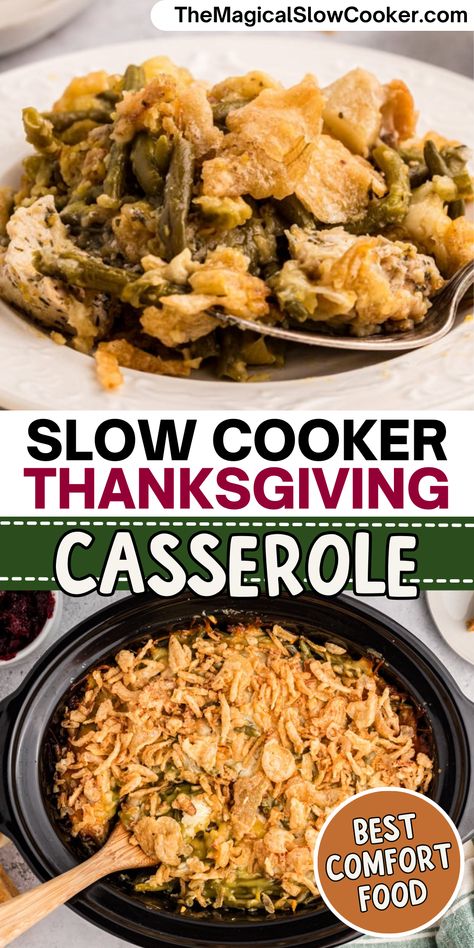 images of layered thanksgiving casserole in a slow cooker. Crockpot Cheesy Corn, Crepe Board, Crock Pot Corn Casserole, American Fries, Jiffy Corn Pudding, Thanksgiving Crockpot, Corn Casserole Crockpot, Slow Cooker Thanksgiving, Crockpot Casseroles