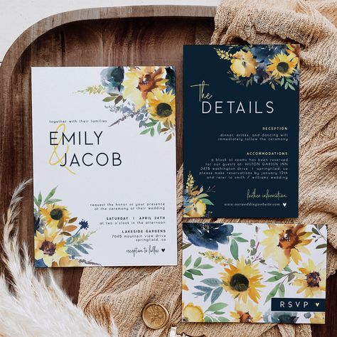 This digital listing is for an editable navy blue and sunflowers wedding invitation suite.  Edit, download, and print today!  No software required; edit in your web browser!   FREE DEMO   * Try it before you buy it! * Copy and paste this url into your web browser: https://www.corjl.com/d/JL1IC   WHY PURCHASE A CORJL LISTING?   * No waiting! You'll have access to your item right after purchasing. * No need to download any software. Personalize this item right in your browser. * Personalize using Worship Wedding, Navy Blue And Sunflower Wedding, Navy Blue And Yellow Wedding, Navy And Yellow Wedding, Blue Sunflower Wedding, Sunflower Invitations, Sunflower Wedding Invitations, Fall Wedding Invitations, Yellow Wedding