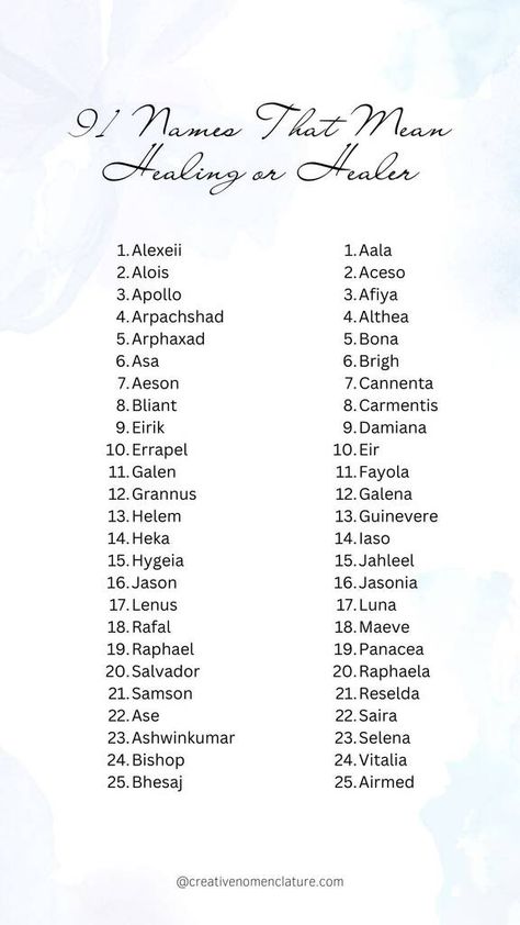 91 Names That Mean Healing or Healer - Creative Nomenclature Names Meaning Healing, Names Meaning Healer, Healer Names, Swahili Names, Norse Names, Egyptian Names, Middle Names For Girls, Sanskrit Names, Biblical Names