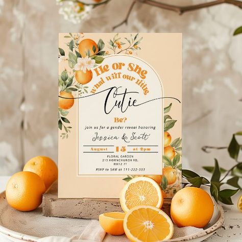 Little cutie gender reveal invitation  $2.87 by JermolinaArtLTD Cutie Gender Reveal, Twin Baby Shower Decorations, Twin Baby Shower Theme, Twin Boys Baby Shower, Cutie Is On The Way, Twin Pregnancy Announcement, Citrus Baby, Twins Baby Shower Invitations, Orange Baby Shower