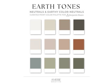 This Earthy Benjamin Moore paint palette is a carefully curated collection of earthy neutrals and colors, like earthy off-white, warm gray beige greige, olive, grey green blue, earthy charcoal / off black.  Add depth, richness, and a welcoming warmth to a classic, transitional, boho, natural/organic, contemporary, or modern space. Harmonious, interchangeable colors with smaller combinations to choose from for quick, easy, and stress-free selection.  Meticulously selected by an experienced Interi Color Palette Benjamin Moore, Earth Tones Paint, Tone Color Palette, Earth Tone Color Palette, Earth Tone Color, Colour Consultant, Paint Colors Benjamin Moore, Benjamin Moore Colors, Paint Color Palettes