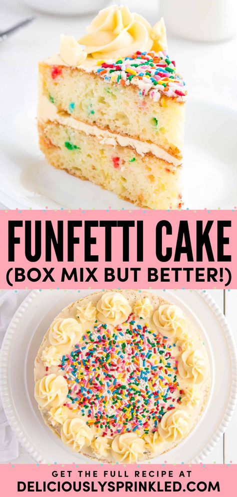 Here's another baking idea! It's also the perfect easy Thanksgiving dessert. With some tips on how to make boxed funfetti cake better, it comes out more delicious. Check out some variations to try with this funfetti box mix recipe! Box Cake Mix Bakery Style, How To Make A Confetti Cake, Birthday Cake With Box Cake, Boxed Cake Decorating Ideas, Homemade Funfetti Cake Recipe, Rainbow Cake Mix Recipes, Best Cake Box Mix Recipe, Box Funfetti Cake Mix Hacks, Healthy Box Cake Mix Recipes