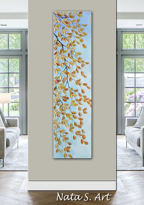 Gold Leaves Painting, Fall Tree Art, Autumn Leaves Painting, Sakura Painting, Autumn Artwork, Leaves Painting, Abstract Portrait Painting, Painting Palette, Acrylic Painting Flowers