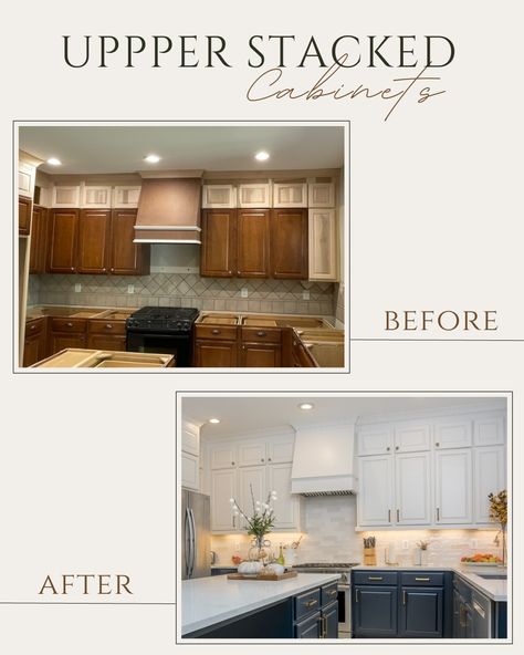 𝙐𝙥𝙥𝙚𝙧 𝙎𝙩𝙖𝙘𝙠𝙚𝙙 𝘾𝙖𝙗𝙞𝙣𝙚𝙩𝙨 - Adding stacked upper cabinets on top of existing cabinets have many advantages: ☞ Provides extra storage space ☞ Draws the eyes up, giving the illusion of a larger space ☞ Cost-effective, adding value to what is already there ☞ Increase home value 🏠️ #upperstackedcabinets #ceilingcabinets #kitchencabinets #designtips #beforeandafter #kitchenbeforeandafter #kitchenremodel #Kitchenreno Added Upper Kitchen Cabinets, Adding Uppers To Kitchen Cabinets, Adding Lower Cabinets To Existing Kitchen, Short Upper Kitchen Cabinets, Add Upper Cabinets To Existing, Adding To Top Of Kitchen Cabinets, Upper Cabinet Extension, Two Different Cabinet Styles In Kitchen, Adding Height To Cabinets