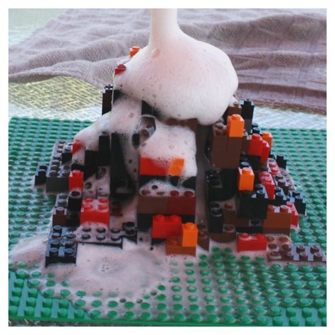 Build a Lego science volcano with baking soda and vinegar Lego Volcano, Science Volcano, Volcano Experiment, Lego Challenge, Summer Science, Lego Club, Baking Soda Vinegar, Lego Activities, Kid Experiments