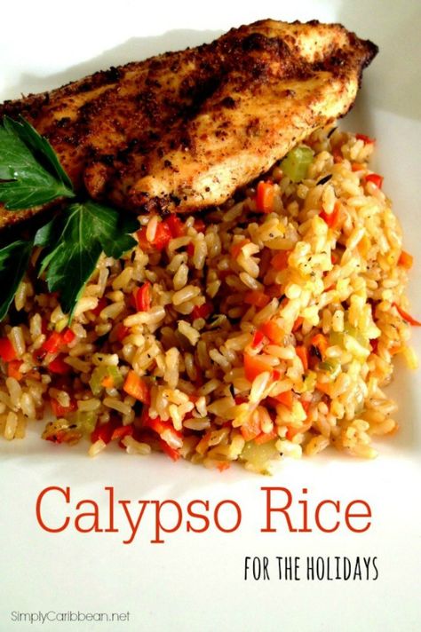 Caribbean Sides Dishes, Caribbean Lunch Ideas, Caribbean Christmas Dinner, Carribean Rice Recipes, Carribean Side Dishes, Calypso Rice Recipe, Caribbean Christmas Food, Calypso Rice, Trinidad Recipes