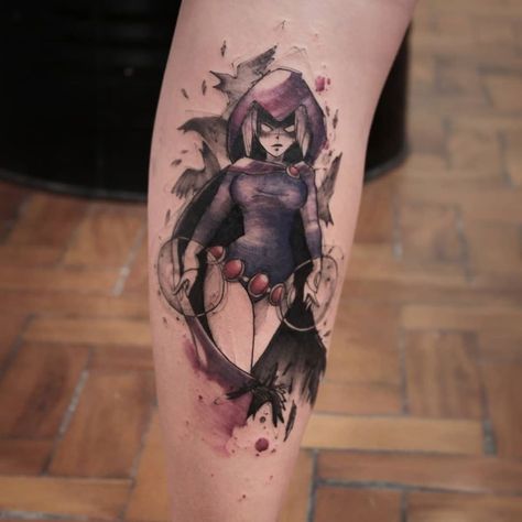 Anime Shin Tattoo, Raven Dc Tattoo, Villian Tattoo Ideas, Teen Titans Tattoo, Black Sleeve Tattoo, Hellboy Tattoo, Today Tattoo, Shin Tattoo, Heaven Tattoos