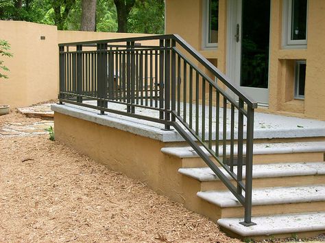 Exterior Railing | Gainesville Iron Works Exterior Stair Railing, Exterior Handrail, Craftsman Style Exterior, Ideas Terraza, Front Porch Railings, Outdoor Stair Railing, Porch Stairs, Wrought Iron Stair Railing, Patio Railing