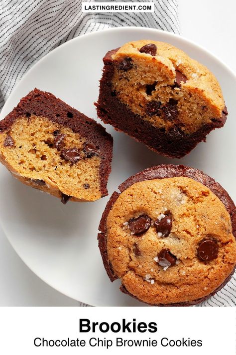 Chocolate chip cookies and fudge brownies join forces in these brookies, the ultimate pairing of two classic baking recipes. They are a show-stopping dessert that bakes in a muffin pan. Each bite has the best of both, and they are finished with a sprinkle of flaky sea salt.