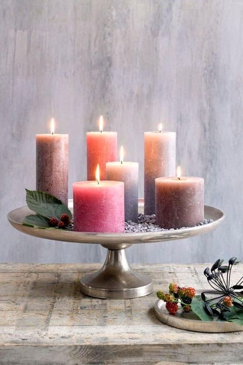 Candle Arrangements, Silver Christmas Decorations, Candle In The Wind, Creative Candles, Candle Aesthetic, Candle Displays, Candle Tray, Candles Crafts, Deco Floral