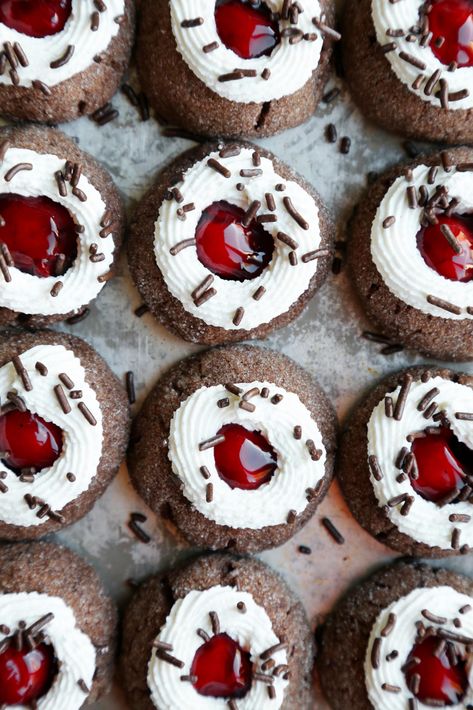 Black Forest Thumbprint Cookies - The Candid Appetite Cookie Thumbprint, Black Forest Cookies, Forest Cookies, Black Forest Cheesecake, Baked Recipes, Canning Cherry Pie Filling, Cherry Cookies, Canned Cherries, Black Forest Cake