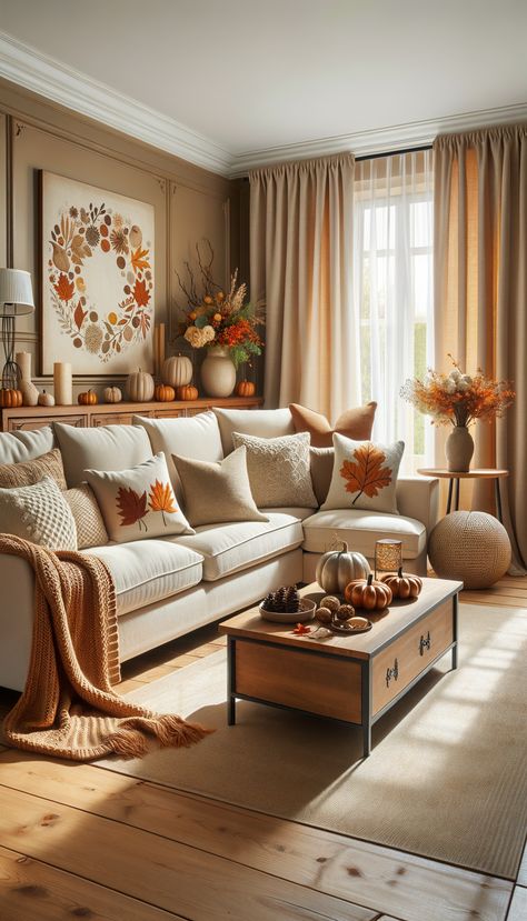 A cozy living room with an autumnal theme. Beige sectional sofa with pillows and a throw. A coffee table decorated with candles and plants. Light streams in through a window, creating a warm atmosphere. Sofa With Pillows, Sectional Sofa Beige, Cozy Living Room Ideas, Beige Sectional, Through A Window, Fall Living Room Decor, Fall Living Room, Warm Colour Palette, Autumn Decor