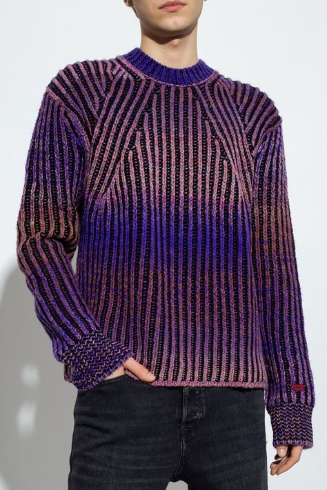 Mens Grunge, Mens Designer Sweaters, Purple Jumpers, Striped Knitwear, Cosplay Shoes, Mohair Sweater, Knitwear Men, Sweater Design, Knit Fashion