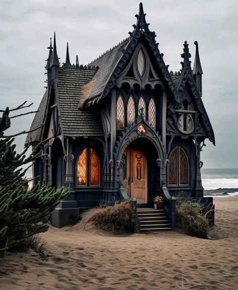 Gothic Victorian Tiny House, Witch House Architecture, Tiny House Victorian, Gothic Trailer Home, Tiny Gothic House, Goth Beach House, Gothic Tiny Home, Gothic Spanish House, Gothic Cottage Exterior