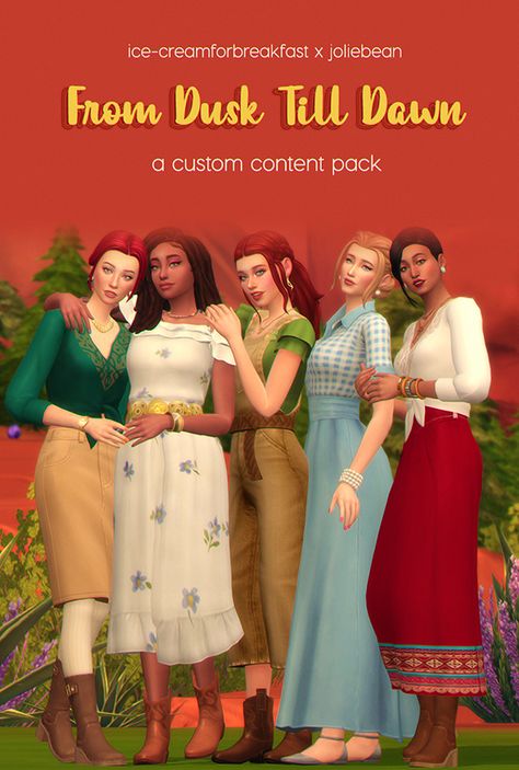 From Dusk Till Dawn - a custom content pack by HFO x Joliebean | Joliebean on Patreon Sims 4 Maxis Match Cottage Core, Sims 4 Irish Cc, Sims 4 Yellowstone Cc, Sims 4 Cc Mexican Clothes, Sims 4 Cottage Core Clothes, Sims 4 Long Skirt Cc Maxis Match, Sims 4 Country Cc Maxis Match, Ts4 Country Cc, Sims 4 Long Skirt Cc