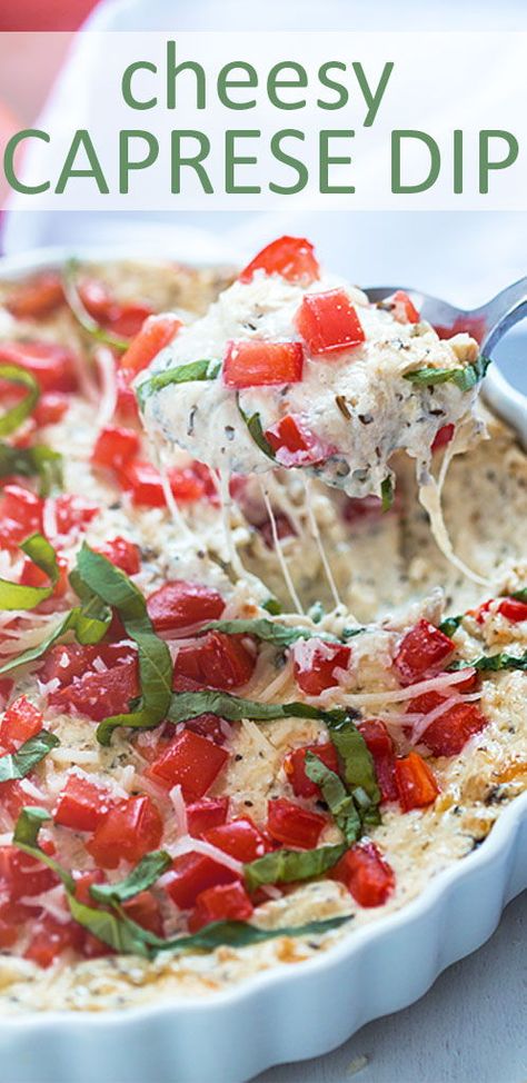 Hot Cheesy Caprese Dip - All of your favorite caprese flavors in a hot, cheesy dip!  #appetizer #caprese #dip Cheesy Caprese Dip, Caprese Dip With Pesto, Roasted Garlic Caprese Dip, Hot Caprese Dip, Baked Caprese Dip, Hot Caprese Dip Recipe, Italian Meal Appetizers, Wine Night Appetizers Dips, Caprese Appetizer Dip