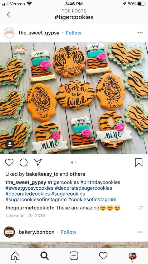 Tiger Cookies Decorated, Tiger Cookies, Theme Cookies, Cookie Making, Cookies Decorated, Birthday Themes, Cookie Art, Tiger Stripes, Birthday Cookies