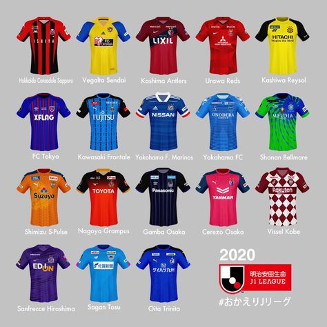 The Japanese J League home shirts for 2020. Fc Tokyo, Vissel Kobe, Kashima Antlers, J League, Oita, Sapporo, Football Kits, Nagoya, Yokohama