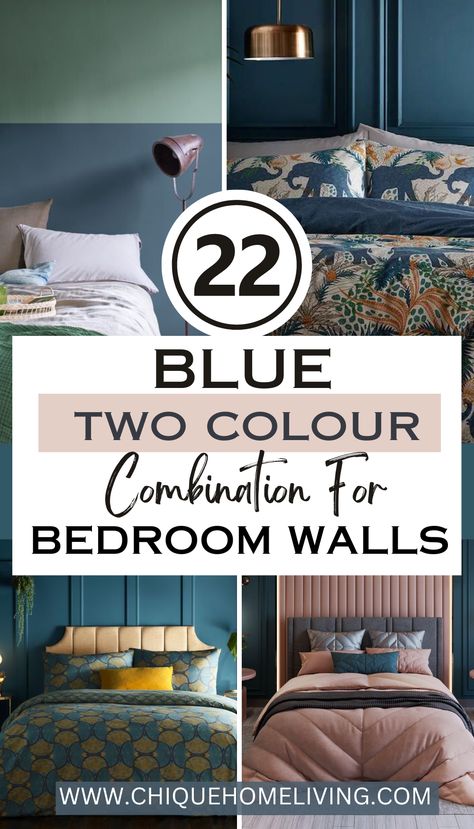 Two Tone Blue Bedroom Walls, Dual Color Bedroom Walls, Wardrobe And Bed Color Combination, Two Color Combination For Bedroom, Bedroom 2 Colour Combination, Two Color Bedroom Walls, Half Painted Wall Bedroom Blue, Blue Colour Combinations Wall Paint, Blue Colour Drenched Bedroom