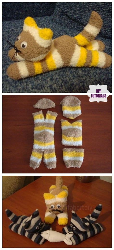 DIY Sock Kittens Tutorial - Free Sewing Pattern & Video Sock Kitten, Sock Animals Diy, Diy Sock Toys, Sock Animals Patterns, Plushies Diy, Sock Doll, Sock Dolls, Sock Toys, Diy Socks