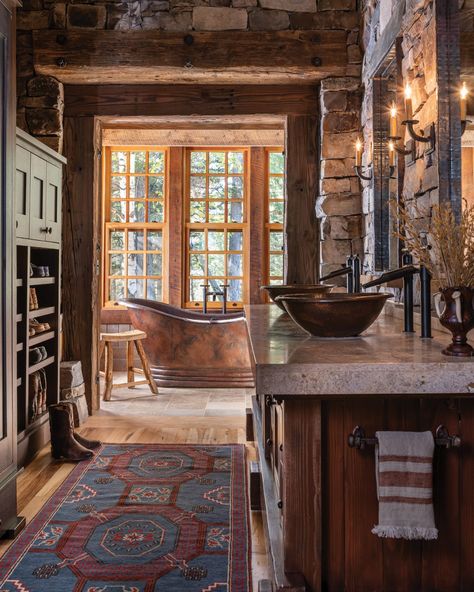 Blackfoot Canyon Ranch - Big Sky Journal Big Sky Interior Design, Modern Rustic Cabin, Sky Journal, Canyon Ranch, Reclaimed Doors, Hunting Camp, Primary Bathroom, Interior Wall Paint, House Cabin