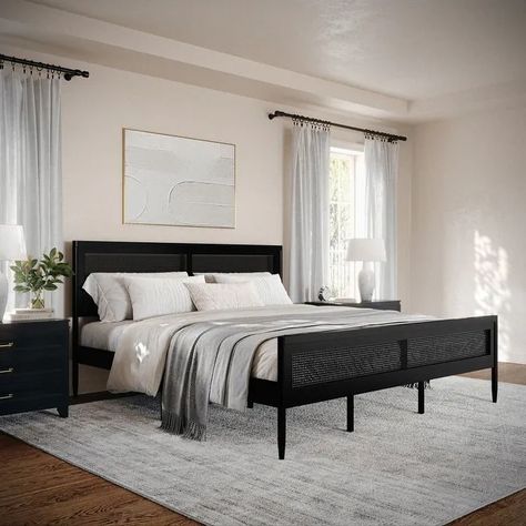 Martha Stewart Wooden Platform Bed with Rattan Inset Headboard and Footboard - Bed Bath & Beyond - 40313942 Footboard Bed, Rattan Headboard, Wooden Platform Bed, Solid Wood Platform Bed, Wood Headboard, Wood Platform Bed, Under Bed Storage, Platform Bed Frame, Beautiful Bedding