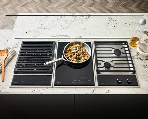 Wolf 15" transitional grill module (GM15TFS) paired with a 15" transitional induction cooktop module (CI152TFS) and 15" transitional gas cooktop module (CG152TFS) Induction Cooktop Kitchen, Wolf Cooktop, Wolf Appliances, Fine Cooking, Modern Garden Design, Electric Cooktop, Gas Cooktop, Kitchen Stove, Cooktops