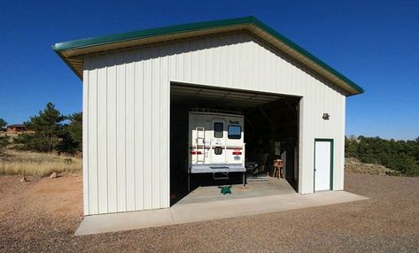 25 Dream RV Garages For Campers - Truck Camper Magazine Camper Garage, Rv Garages, Sliding Garage Doors, Rv Garage, Pole Barns, Camping Rv, Barns Sheds, Garage Shop, Garage Ideas