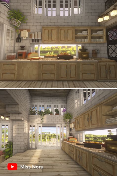 Minecraft Interior: Cute Wooden Kitchen Ideas Brick Houses Minecraft, Modded Mc House, Minecraft Aethetic Houses, Cocricot Minecraft House, Minecraft Farmhouse Interior, White Minecraft House, Minecraft Apartment Interior, Aesthetic Minecraft Kitchen, Minecraft White House