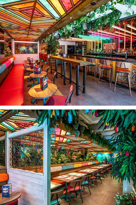 Tropical interior design restaurant. Tropical restaurant with funky planting, Rainforest vibes. Tropical planting for restaurant. Fixed seating, neons, bar stools, neon lighting tubes. Rainbow lighting. LED lighting. Colourful and memorable. Instagrammable bar restaurant. Mexican Restaurant Lighting, Different Restaurants Ideas, Latin Bar Design, Colourful Restaurant Design, Restaurant Cafe Interior Design, Tropical Bar Decor, Bar Design Restaurant Creative, Caribbean Restaurant Design, Back Bar Design Restaurant