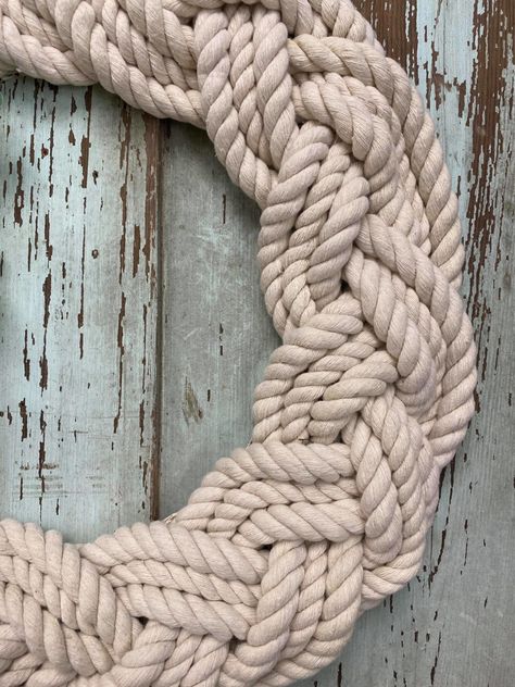 DIY Braided Nautical Rope Wreath - The Shabby Tree Coastal Rope Wreath, Coastal Rope Decor, Coastal Wreath Diy, Nautical Rope Art, Diy Nautical Wreath, Beach Themed Wreaths Diy, Rope Crafts Diy How To Make, Shell Wreath Diy Seashells, Nautical Rope Decor Diy