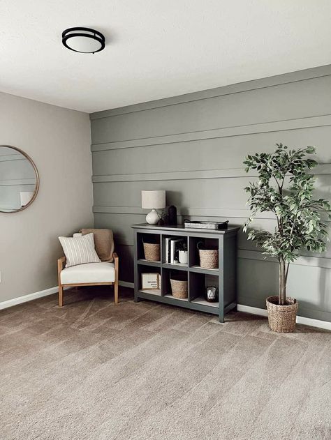 Bonus Room Wall Color, Dark Green Dining Room Accent Wall, Save Green Accent Wall Bedroom, Green Accent Wallpaper Bedroom, Accent Walls 2023, Sage Shiplap Wall, Small Room Accent Wall Ideas, Big Accent Wall Living Room, Dark Accent Wall Dining Room