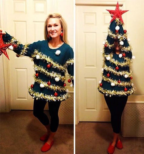 ugly christmas sweaters 18 (1) Unusual Halloween Costumes, Inappropriate Christmas Sweaters, Creative Ugly Christmas Sweater, Ugliest Christmas Sweater Ever, Funny Christmas Costumes, Halloween Costumes You Can Make, Ugly Christmas Sweater Outfit, Christmas Costumes Women, Christmas Tree Costume