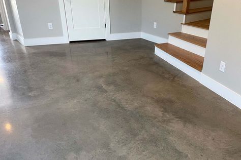 Stained Concrete Floors Colors, Brown Epoxy Floor, Light Stained Concrete Floors, Stained Concrete Floors Farmhouse, Concrete Interior Floors, Concrete Floors In House, Polished Floor, Honeymoon House, Stained Concrete Floors