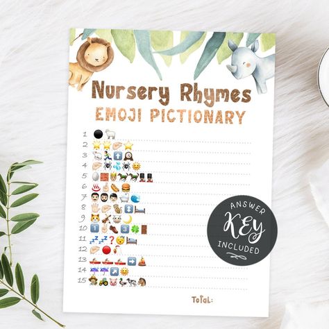 Nursery Rhymes Emoji Pictionary Baby Shower Game Nursery | Etsy Jungle Animal Baby Shower Theme, Emoji Pictionary Baby Shower Game, Safari Baby Shower Boy, Emoji Pictionary, Animal Baby Shower Theme, Baby Succulents, Fun Baby Shower Games, Baby Shower Pumpkin, Animal Baby Shower