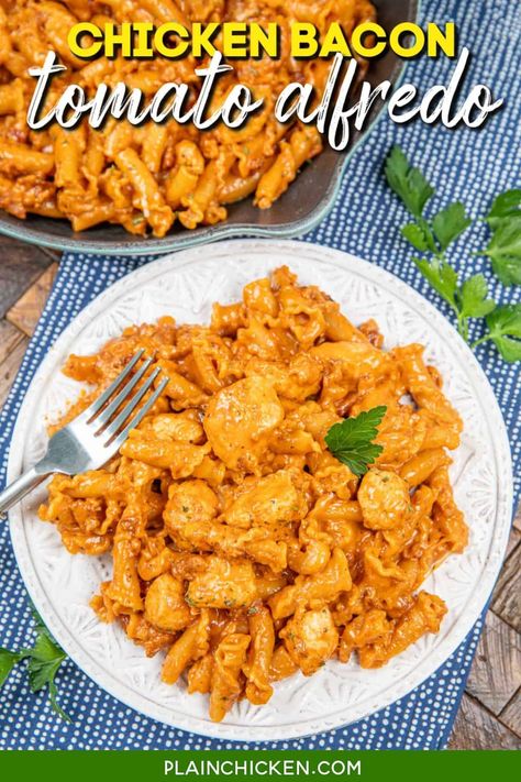 One-Pot Chicken Bacon Tomato Alfredo - Plain Chicken Chicken Bacon Tomato, Tomato Alfredo Sauce, Chicken Alfredo Stuffed Shells, Pasta Ideas, Bacon Casserole, Chicken Keto, Pasta Meals, Meal Planners, Cooked Pasta