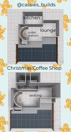 Bloxburg Store Layouts, Bloxburg Coffee Shop Layout, Small Cafe Floor Plan, Bloxburg Cafe Layout, Roblox Layout, Christmas Coffee Shop, Bloxburg Cafe, Bloxburg Designs, Bloxburg Tips