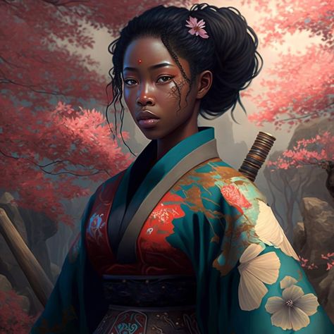 Black Female Samurai, Japanese Woman Drawing, Black Geisha, Girl Soldier, Japan Character, Fantasy Genre, Female Samurai, Africa People, Black Japanese