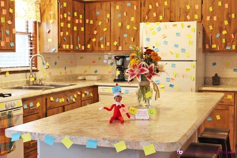 This is another EASY Elf on the Shelf idea (and was fun to do!) but made a BIG impact when the kids saw it! And it was super fun for them to race around collecting their color of post it note (not even realizing that they were cleaning it all up for us!). My husband also thought that using the larger size of post its would have been better. He thinks it would have made an even bigger impact…I guess that’s just how men think! I think either would work well! To download, print or save the sig... Elf On The Shelf Idea, Easy Elf On The Shelf, Easy Elf, Awesome Elf On The Shelf Ideas, Elf Magic, Elf Props, Elf Activities, Xmas Elf, Elf Antics