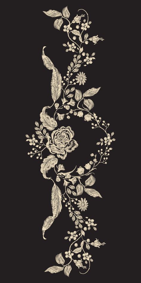 Love the detail and smaller flowers in this one. Botanical Motifs, Black And White Embroidery, Baroque Floral Pattern, Gothic Floral Pattern, Floral Design Pattern Black And White, Baroque Borders Pattern, Mughal Flower All Over Pattern, Flower Pattern Drawing, Botanical Flower Art