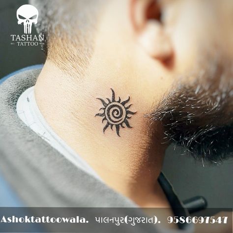 Tattoo Ideas For Men Neck Design, Sun Tatoos Behind The Ear, Sun On Neck Tattoo, Tattoo On Neck For Men, Dhanush Tattoo, Sun Tattoo Neck, Sun Neck Tattoo, Men’s Neck Tattoos, Men Neck Tattoo