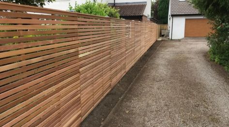 Driveway Fencing, Slatted Screen, Slatted Fence, Slatted Fence Panels, Driveway Fence, Cedar Paneling, Fence Paint, Low Maintenance Garden, Contemporary Garden