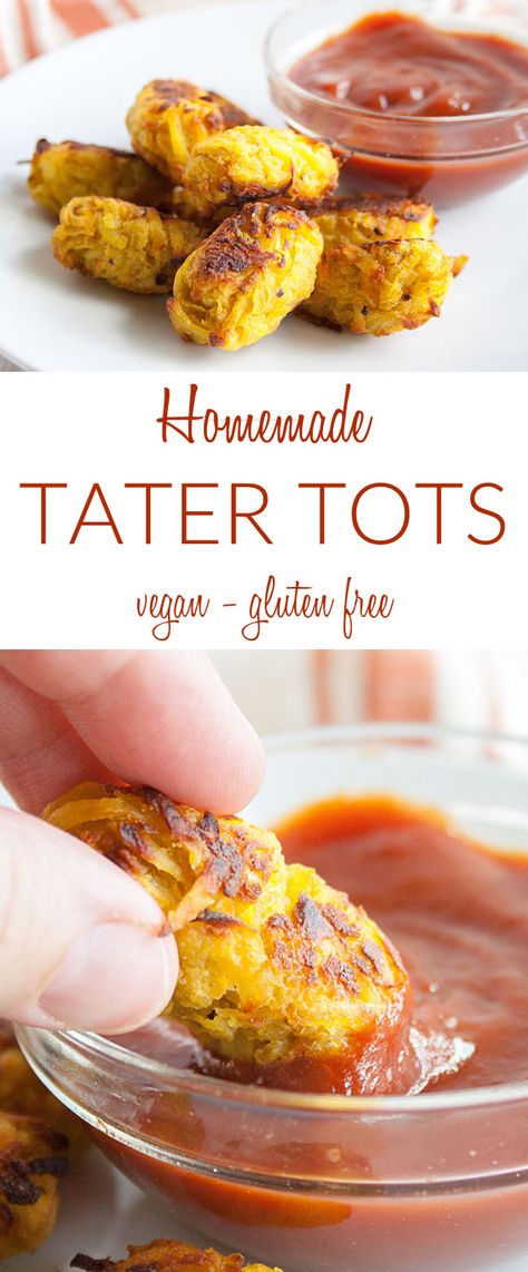 Homemade Tater Tots (vegan, gluten free) - These vegan tater tots are a healthy baked side dish. Freeze for later and pop them straight into the oven. #homemadetatertots #vegantatertots Whole 30 Tater Tots, Quinoa Tater Tots, Paleo Tater Tots, Vegan Tater Tots, Vegan Tater Tot Recipes, Tator Tot Recipe, Healthy Tater Tots, Homemade Tater Tots, Tater Tot Recipes