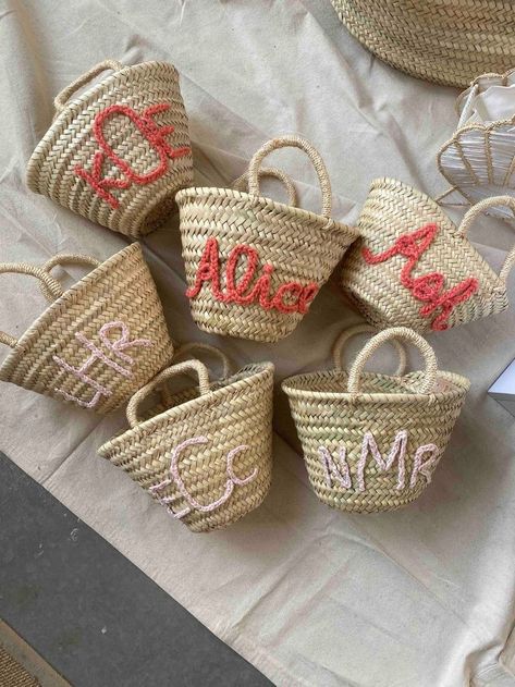 Bachelorette Party Gift Bag, Classic Monogram, Blue Peach, Mini Tote Bag, Pastel Yellow, Mini Tote, Women Artisans, Bridesmaids Gifts, Yarn Colors